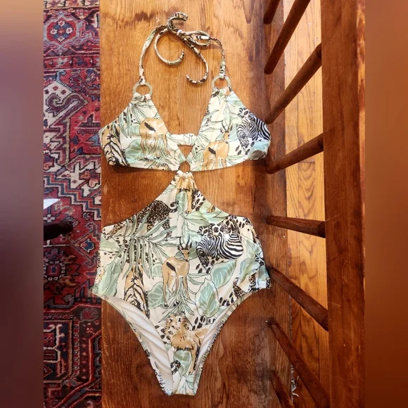 Aerie Safari Print Cutouts Cheeky Halter One Piece Size Small - Picture 1 of 8